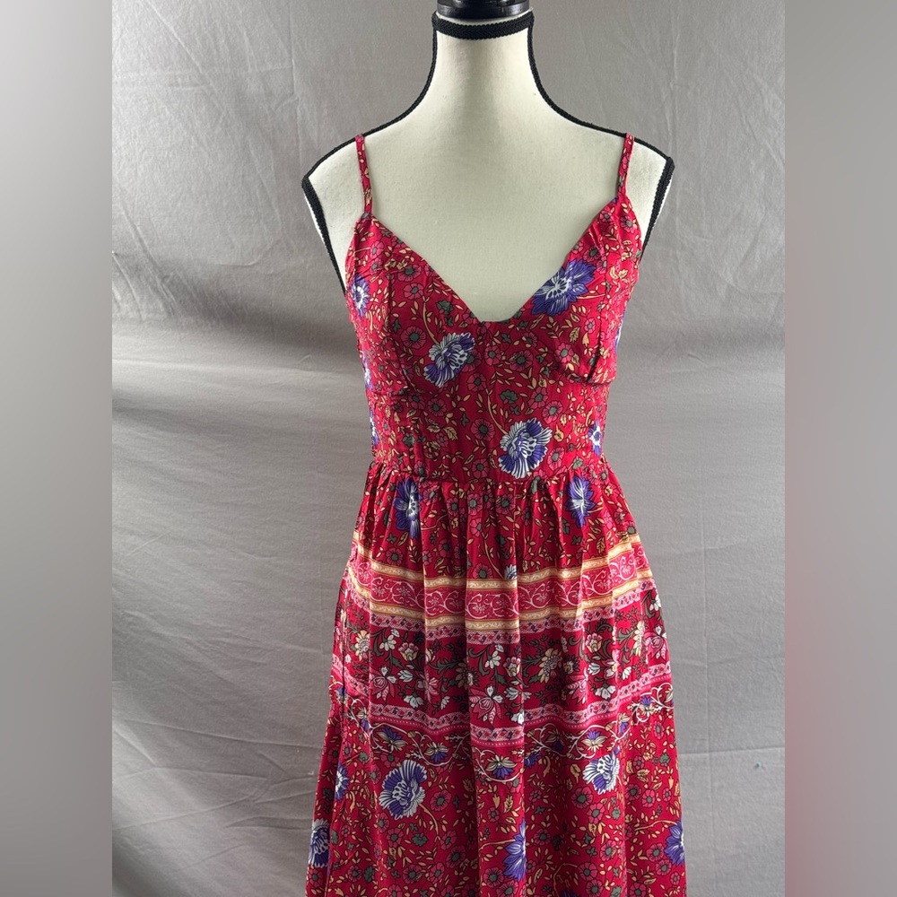 Boho Floral Print Shirred Dress Red - Picture 7 of 9